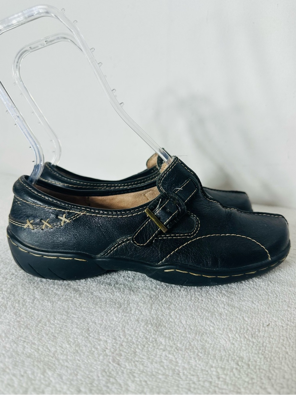 Naturalizer Pursue Black Leather Slip On Clog Loafers Western Stitch Buckle 7W